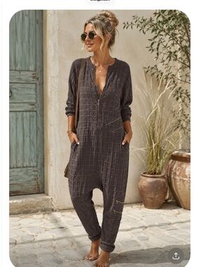 My Soul Relaxed Textured Zip-Front Jumpsuit in Charcoal, pockets. Size M ,$70